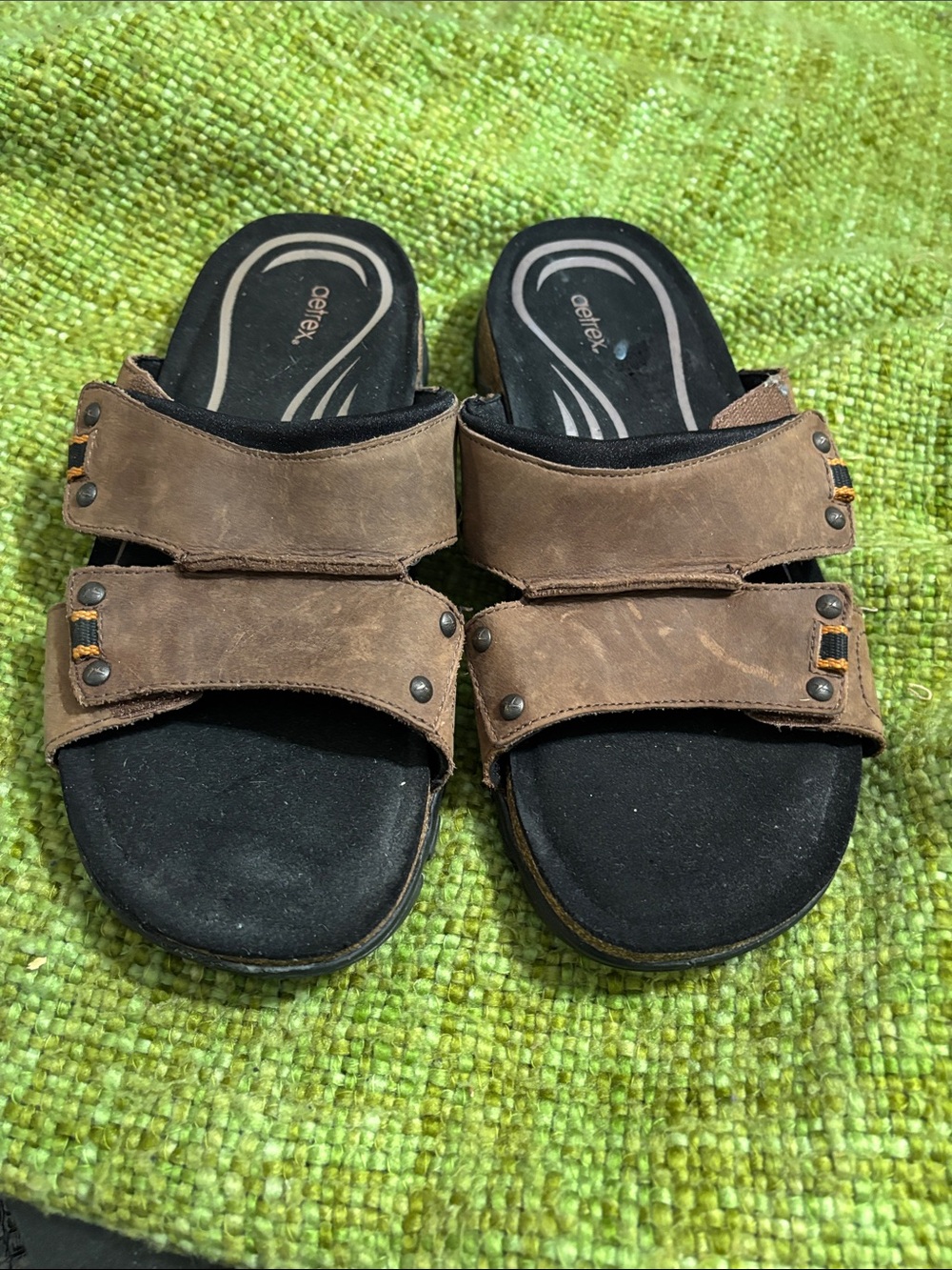 Aetrex Men's Brown and Black Dual-Strap Slide Sandals